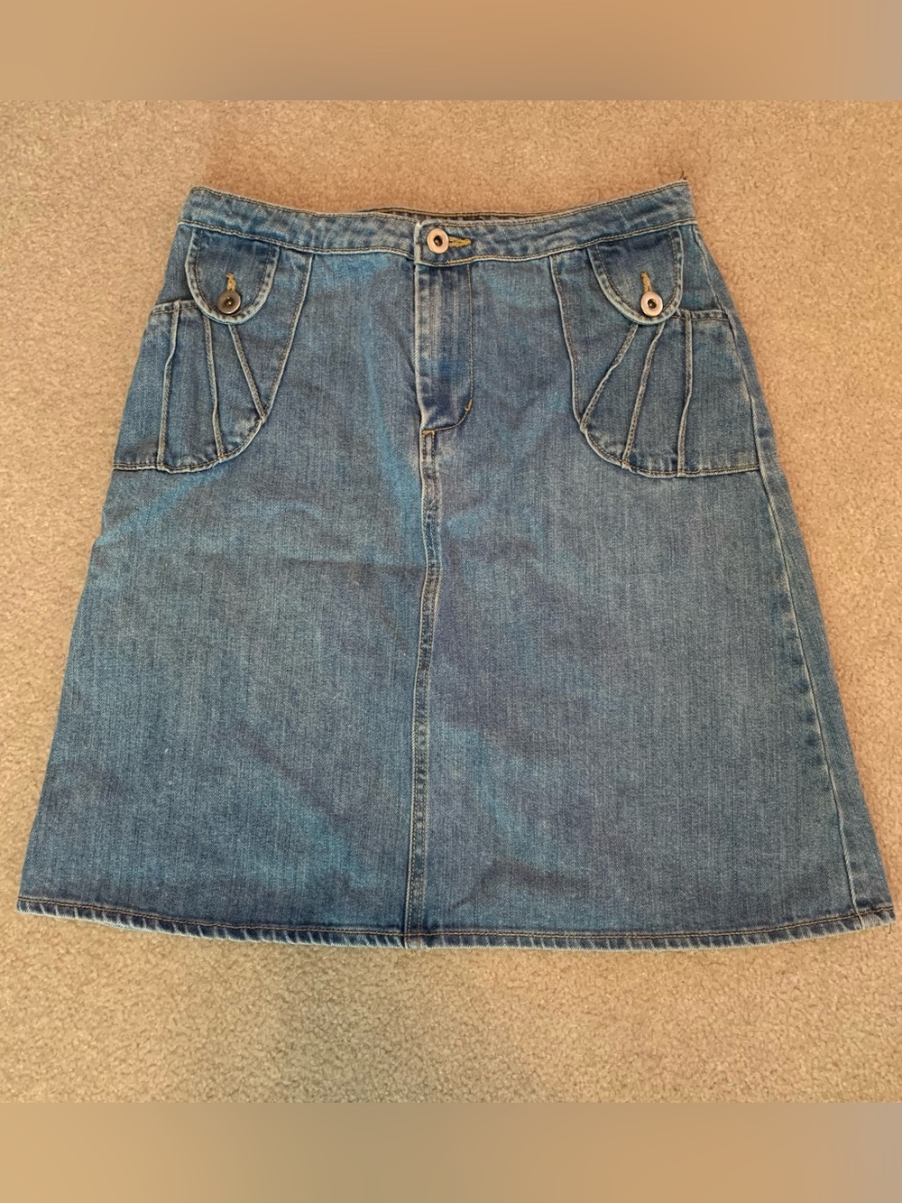 Y2K Lux Blue Denim A-Line Skirt with Unique Buttoned Flap Pockets Bohemian Indie